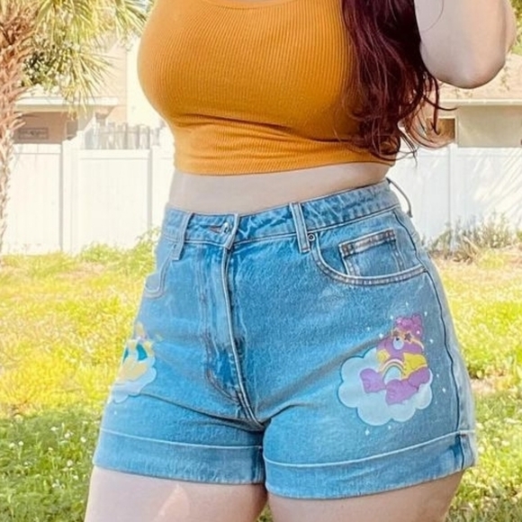 Hot Topic Pants - NWT Care Bears Glitter Print Denim Mom Shorts Womens Size 6 & PLUS SIZE 16